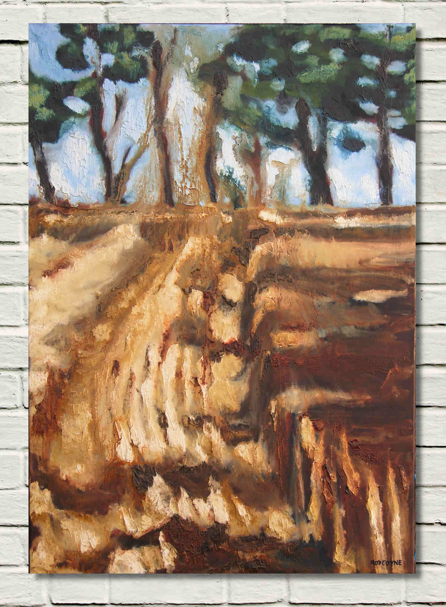 rod coyne's painting "Barley Harvest" unframed on a white wall.
