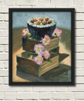 artist rod coyne's still life painting"walnuts & carnations" is shown here, as a canvas print in a black frame on a white wall.