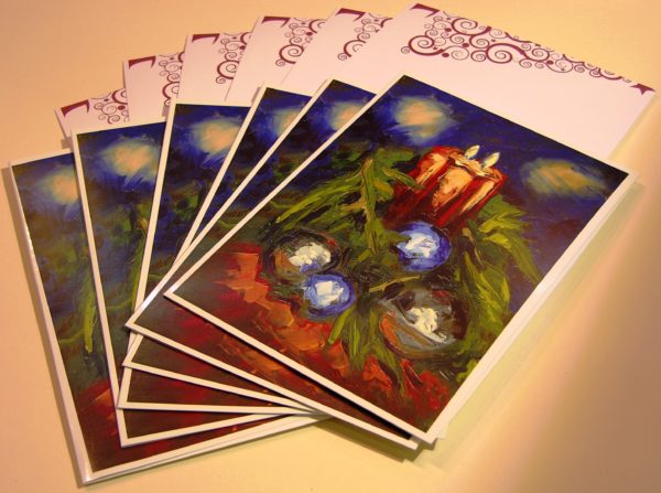 Six xmas cards & envelopes fanned out.
