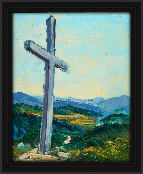 artist rod coyne's landscape painting "Avoca Miners Cross" is shown here, in a black frame.