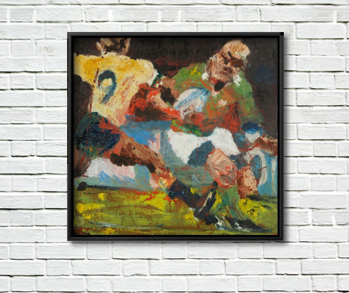 artist rod coyne's painting "Keith Wood, Takes Two to Tango" is shown here framed on a white brick wall.