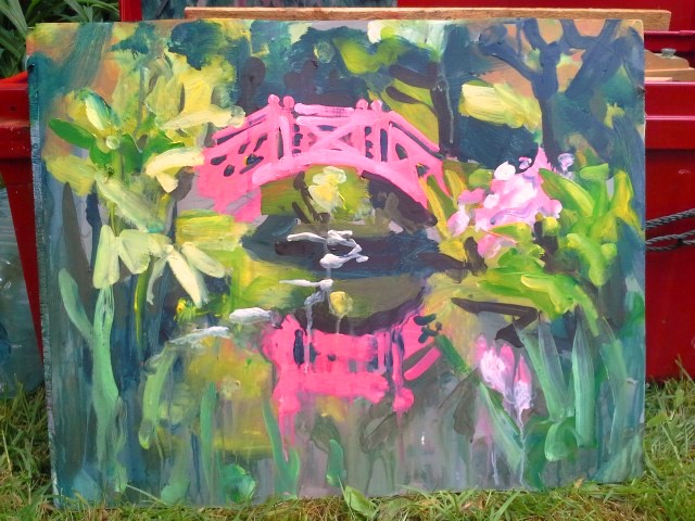 Photo depicting Japanese bridge painting demo by Rod Coyne at Knockanree Gardens.