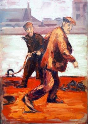 In Dublin Docklands the "Hot Dockers" by Rod Coyne interprets a vintage image depicting men at work through a palette of fiery reds, oranges and pinks. 