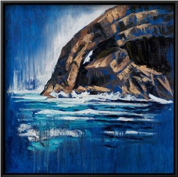 artist rod coyne's painting " Skellig Arch " framed and displayed on a white brick wall.