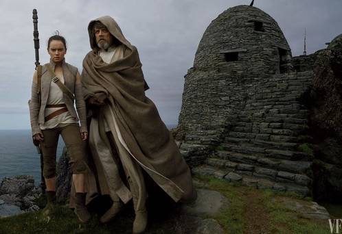 Movie Still: Rae and Luke perched atop of Skellig Michael.