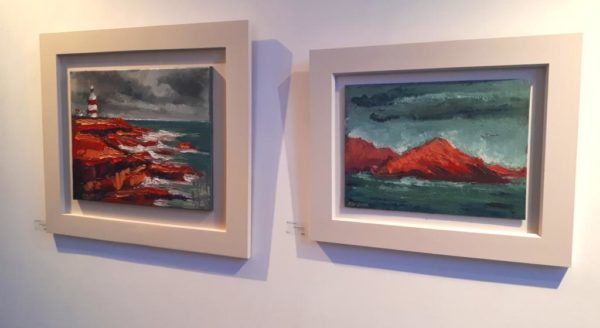 Two canvases in slick white frames "Hooked on Red" 40x50cm and "Hog's Head Blaze" 30x40cm both are oil on canvas.