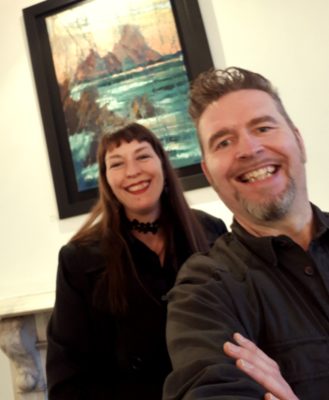 Rod amuses his muse Anja Coyne at the Seeing Red launch with "Skellig Blush" 70x100cm oil on canvas in the background.