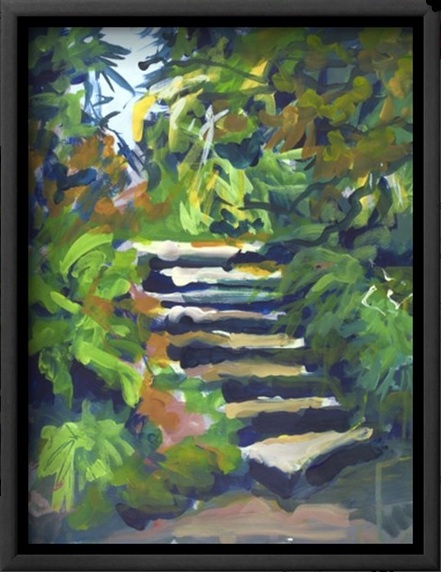 Kilmacurragh Stairs canvas print framed in black.