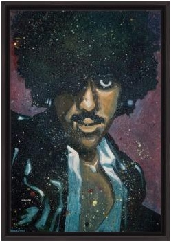 This photo shows 'Phil "Philo" Lynott' canvas print in a black frame. Painted by Rod Coyne, 100x70cm, acrylic and oil paints on canvas.