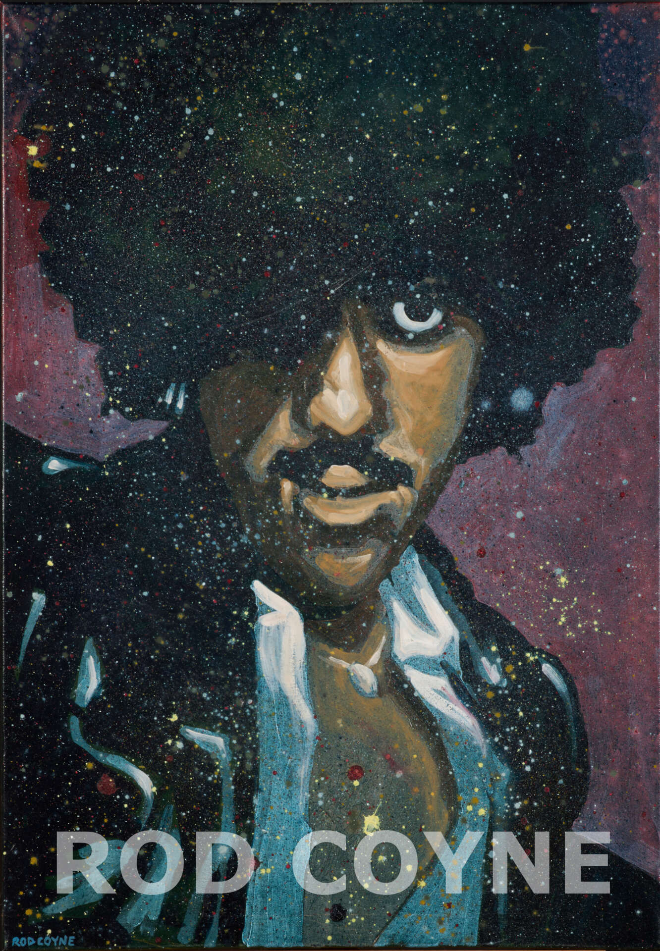 This photo shows 'Phil "Philo" Lynott' original canvas in high resolution for close inspection (watermarked). Painted by Rod Coyne, 100x70cm, acrylic and oil paints on canvas.