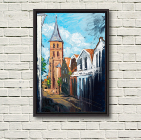 Image of "Domburg Mandriaan's Church" in black frame displayed on a rough white wall.