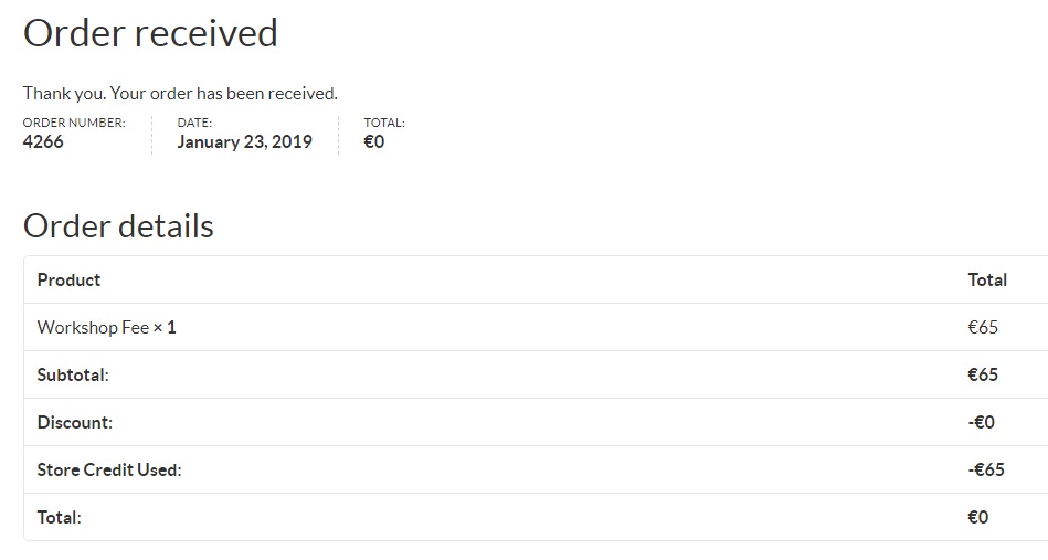screen shot: order received