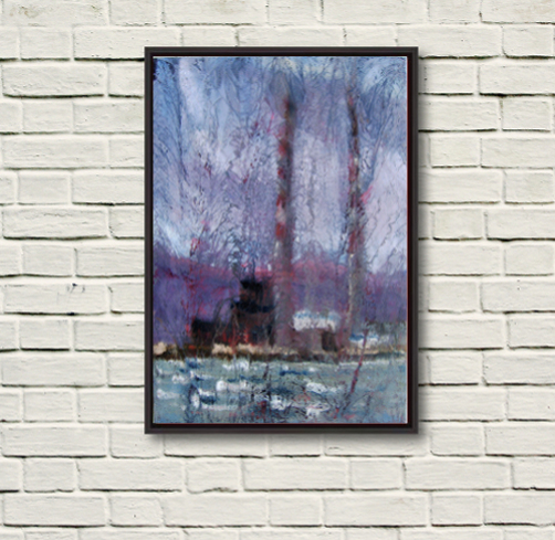 "Pigeon House, Dublin Bay" by Rod Coyne, 70x100cm. The painting is shown framed in black on a warm white wall.