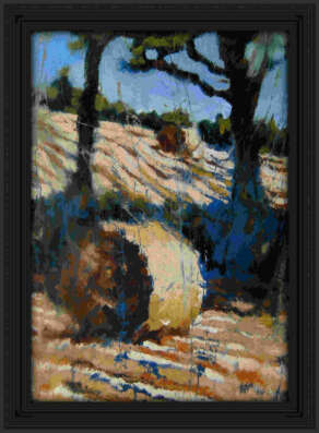 Photo of "Two Bales, Two Trees", in a black frame.