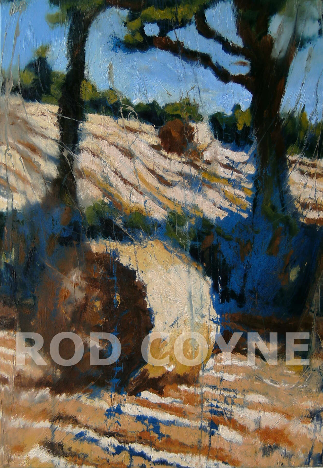 two hay bales , two trees oil on canvas by rod coyne