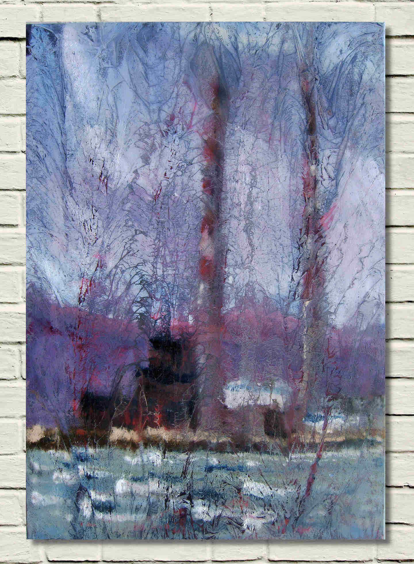artist rod coyne's iconic "Pigeon House" on Dublin Bay, in oil on canvas, is depicted here on a white wall.
