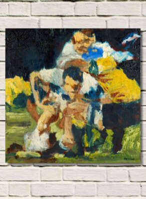 artist rod coyne's painting "Martin Johnson, Crash Ball" is shown here unframed on a white brick wall.