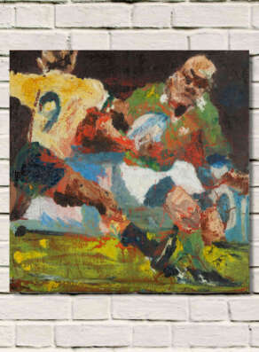 artist rod coyne's painting "Keith Wood, Takes Two to Tango" is shown here unframed on a white brick wall.