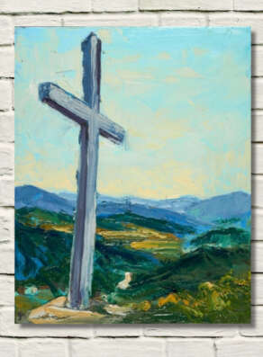 artist rod coyne's landscape painting "Avoca Miners Cross" is shown here, on a white wall.