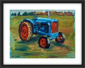 artist rod coyne's painting "Fordson Major" is shown here, on a white mount in a black frame.