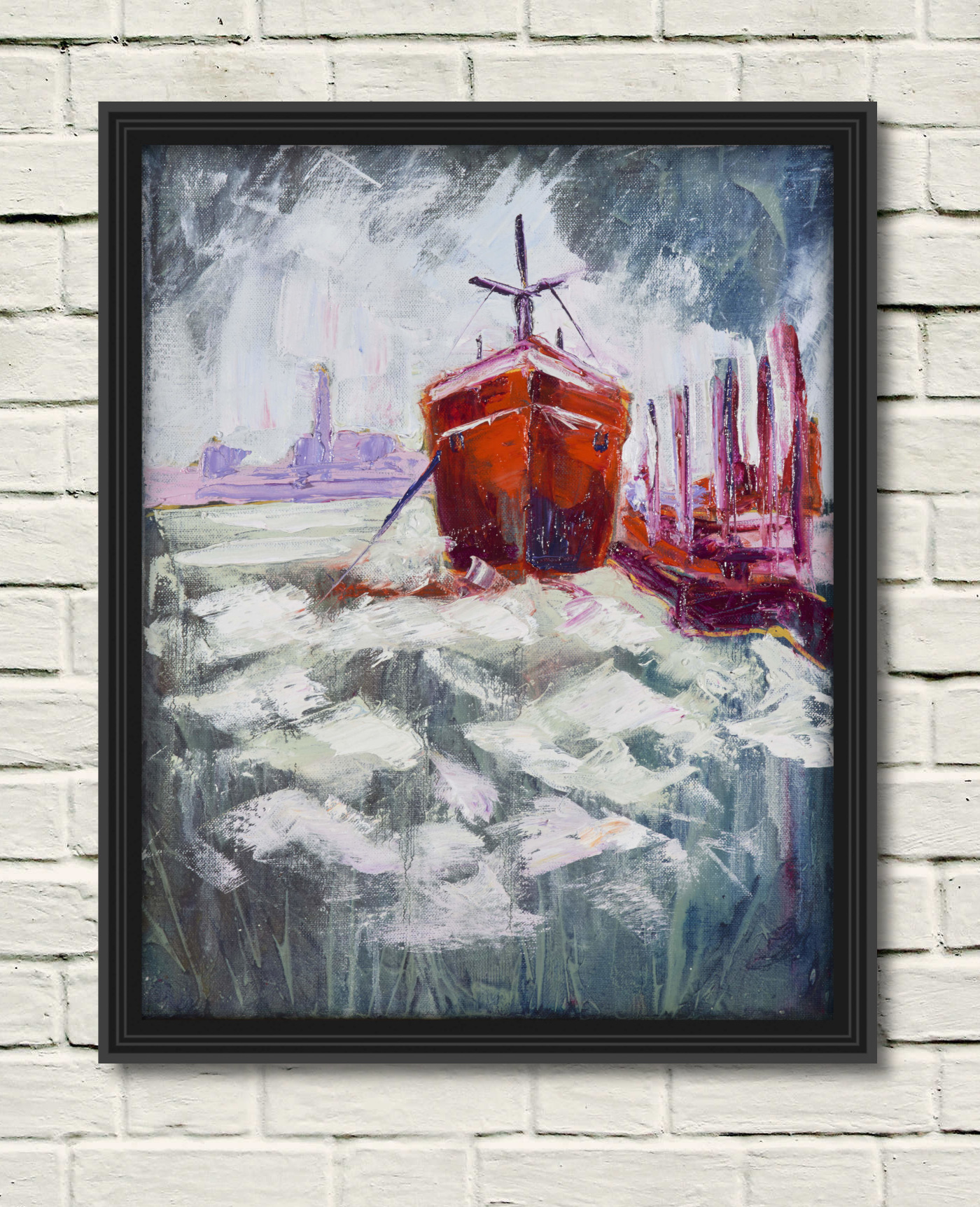 artist rod coyne's "hot hull" painting shown here on a white wall in a black frame