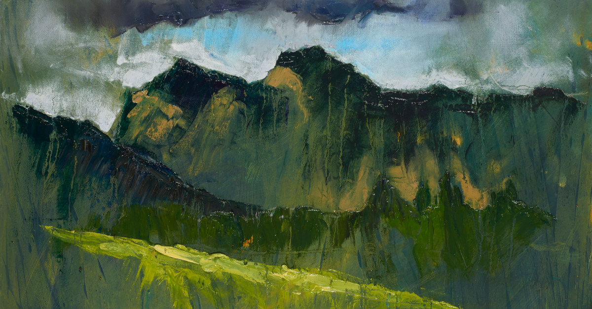 artist rod coyne's painting "pike and harrison stickle" is shown here, cropped for facebook.