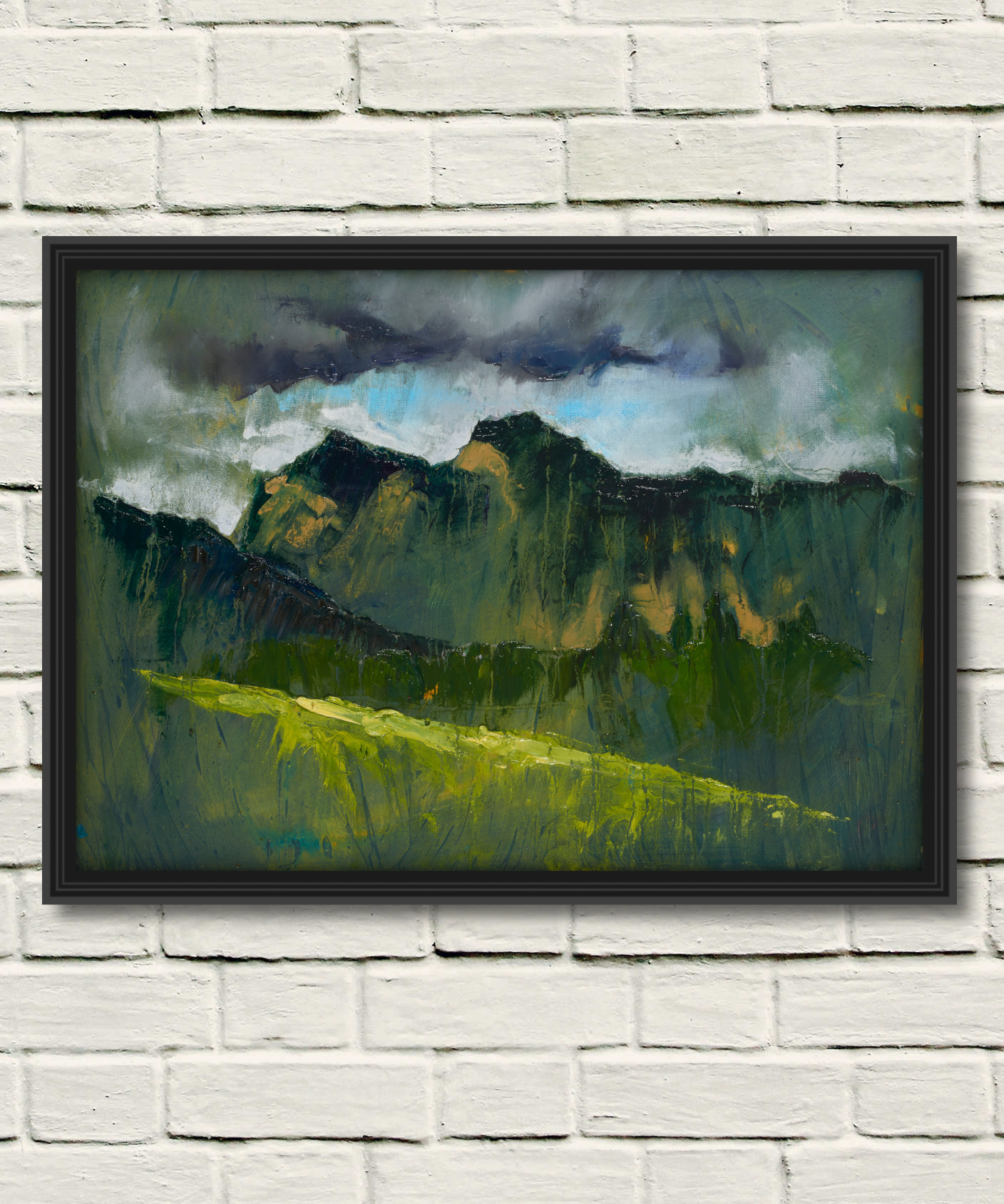 artist rod coyne's painting "pike and harrison stickle" is shown here, reproduced as a canvas print in a black frame on a white wall
