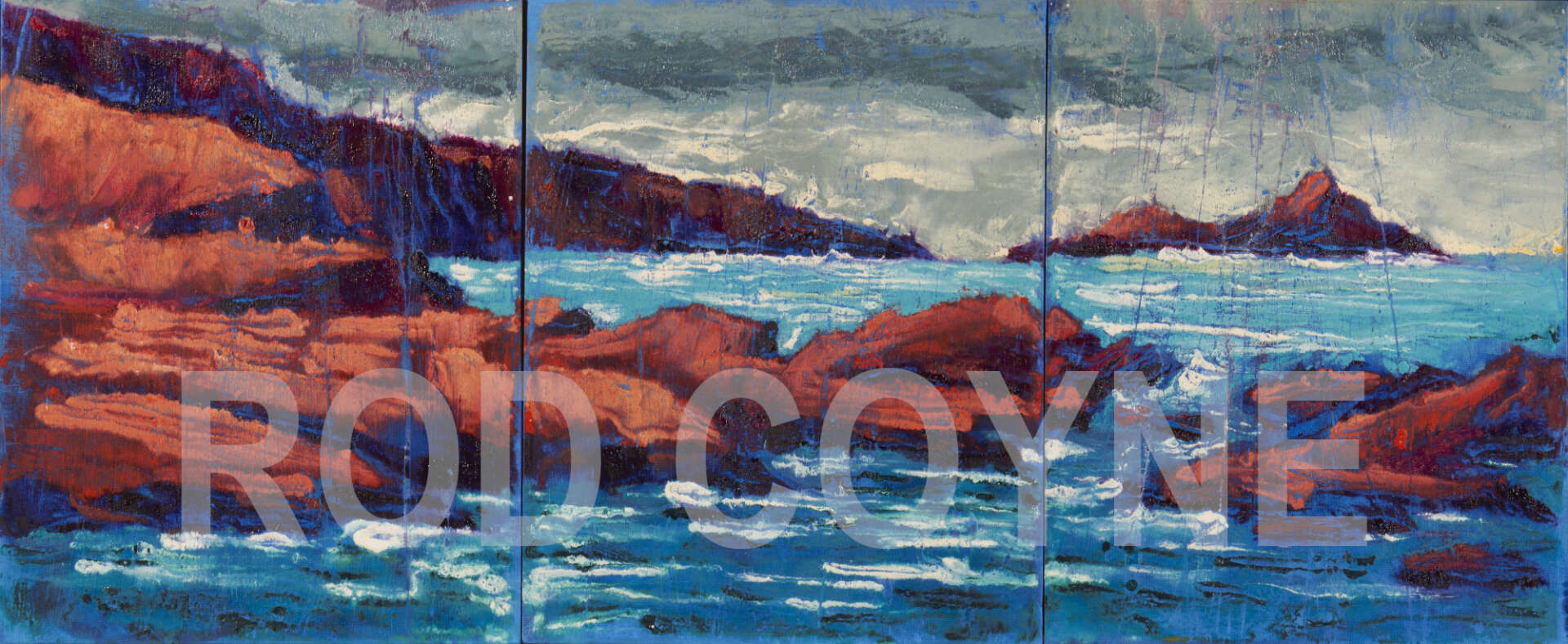 artist rod coyne's painting "Puffin sound" is shoen here, watermarked.
