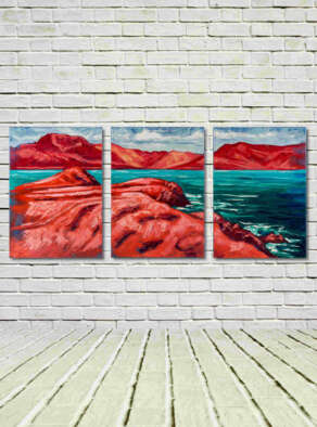 artist rod coyne's painting "Across Ballinskelligs Bay" is shown here as triptych canvases in a white room.
