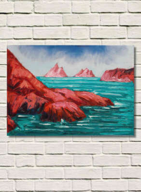 artist rod coyne's painting "Hogs Head, Bolus & Skelligs" is shown here on a white wall.
