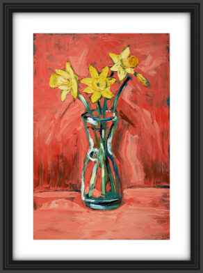 artist rod coyne's still life painting "daffodils" is shown here, in a black frame with a white mount.