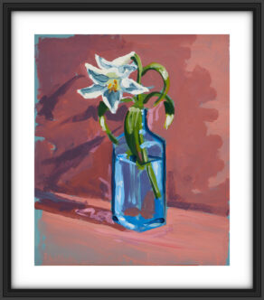 artist rod coyne's still life painting "gin lilies" is shown here, on a white mount in a black frame.
