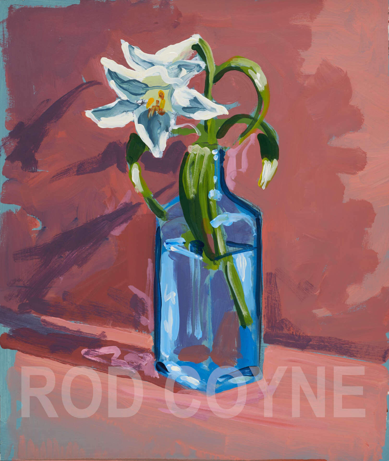 artist rod coyne's still life painting "gin lilies" is shown here, watermarked.