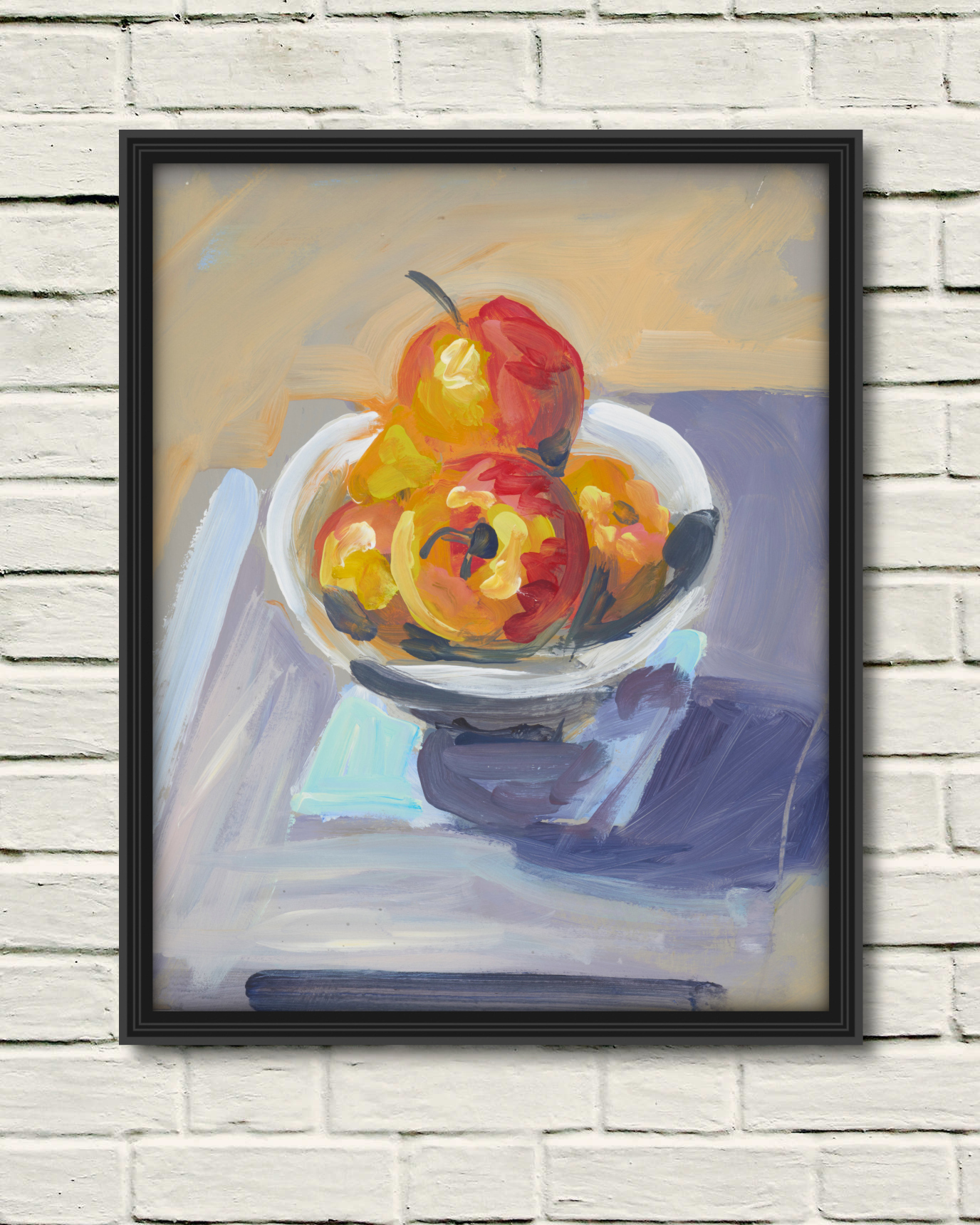 artist rod coyne's still life painting "apple bowl" is shown here, as a canvas print in a black frame on a white wall.