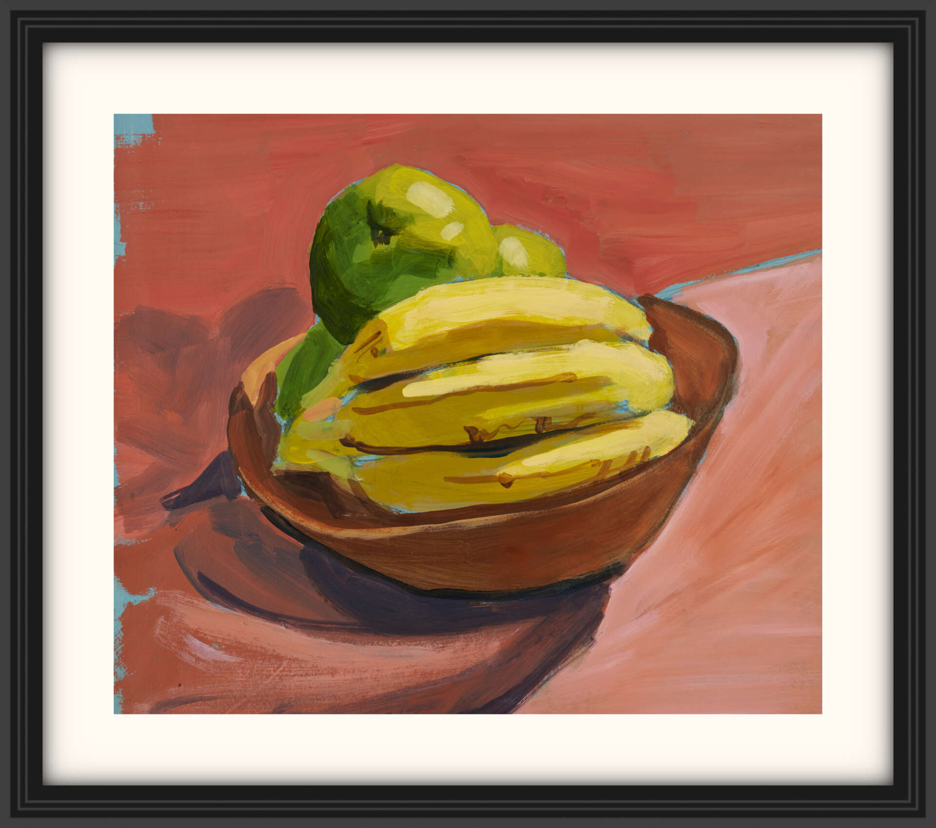 artist rod coyne's still life "fruit bowl" painting is shown here, on a white mount in a black frame.