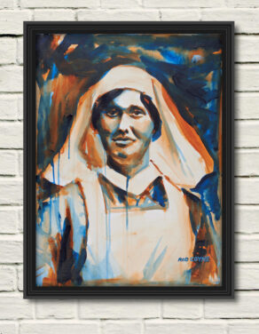 artist rod coyne's portrait "Elisebeth O'Farrell 1916" is shown here, in a black frame on a white wall.