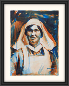artist rod coyne's portrait "Elisebeth O'Farrell 1916" is shown here, on a white mount in a black frame.
