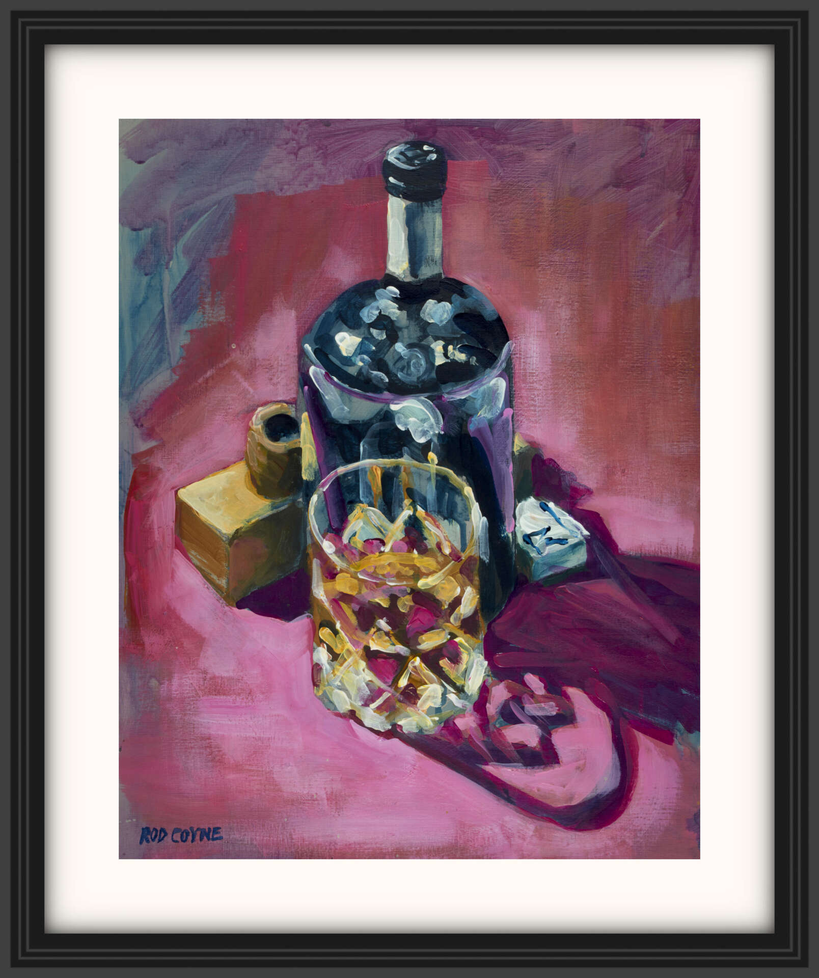 artist rod coyne's still life painting "ultimate fathers day" is shown here, on a white mount in a black frame.