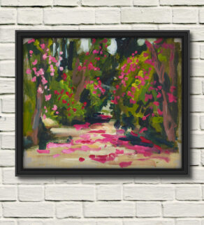 artist rod coyne's botanical painting "kilmacurragh broadwalk" is shown here, as a canvas print in a black frame on a white wall.