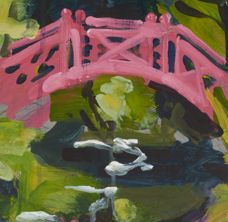 artist rod coyne's landscape painting "knockanree japanese bridge" is shown here in close up detail.