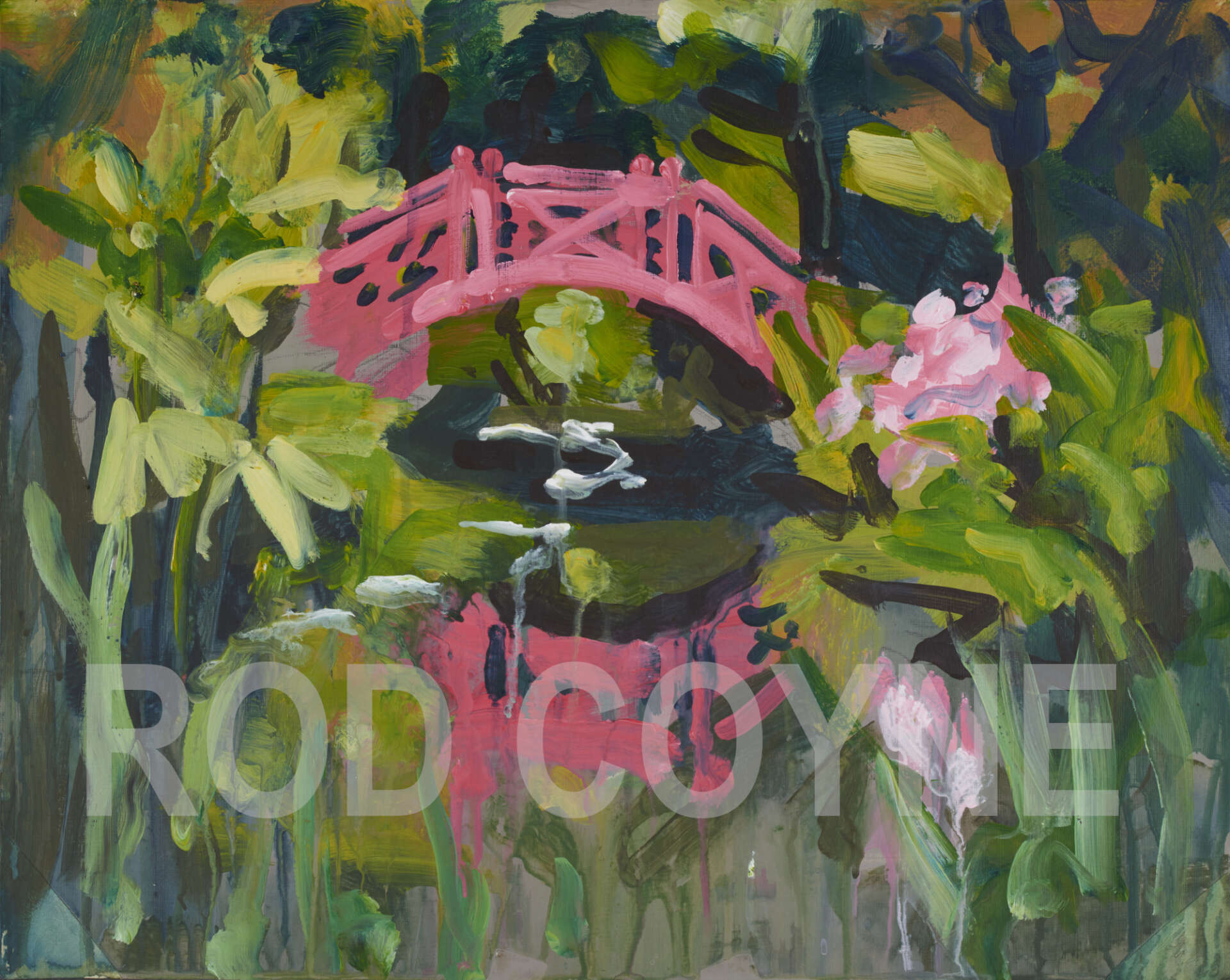 artist rod coyne's landscape painting "knockanree japanese bridge" is shown here, watermarked.