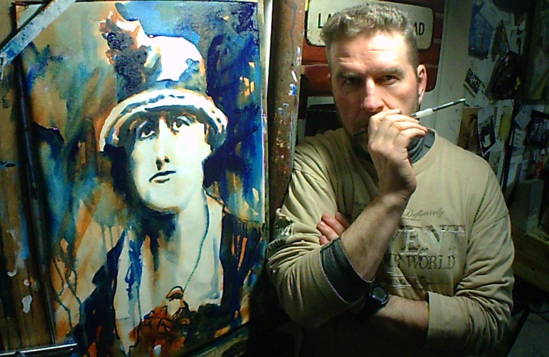 artist rod coyne poses beside his 1916-Jeannie-Wyse-Power portrait just completed.