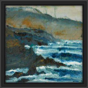artist rod coyne's seacape "fog clearing, finan's bay" is shown here, in a black frame