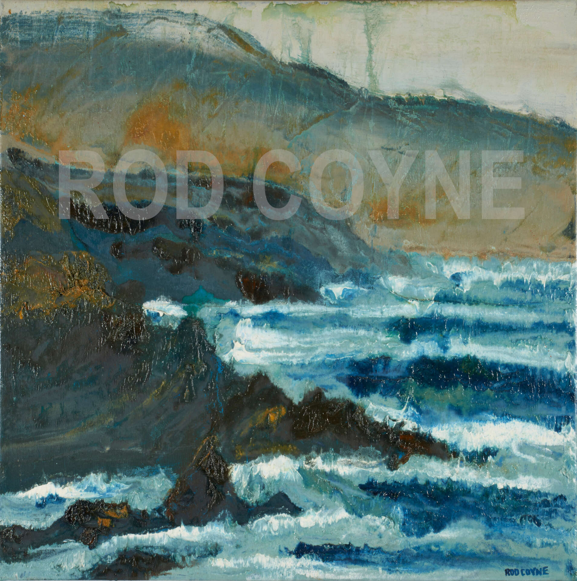 artist rod coyne's seacape "fog clearing, finan's bay" is shown here, watermarked