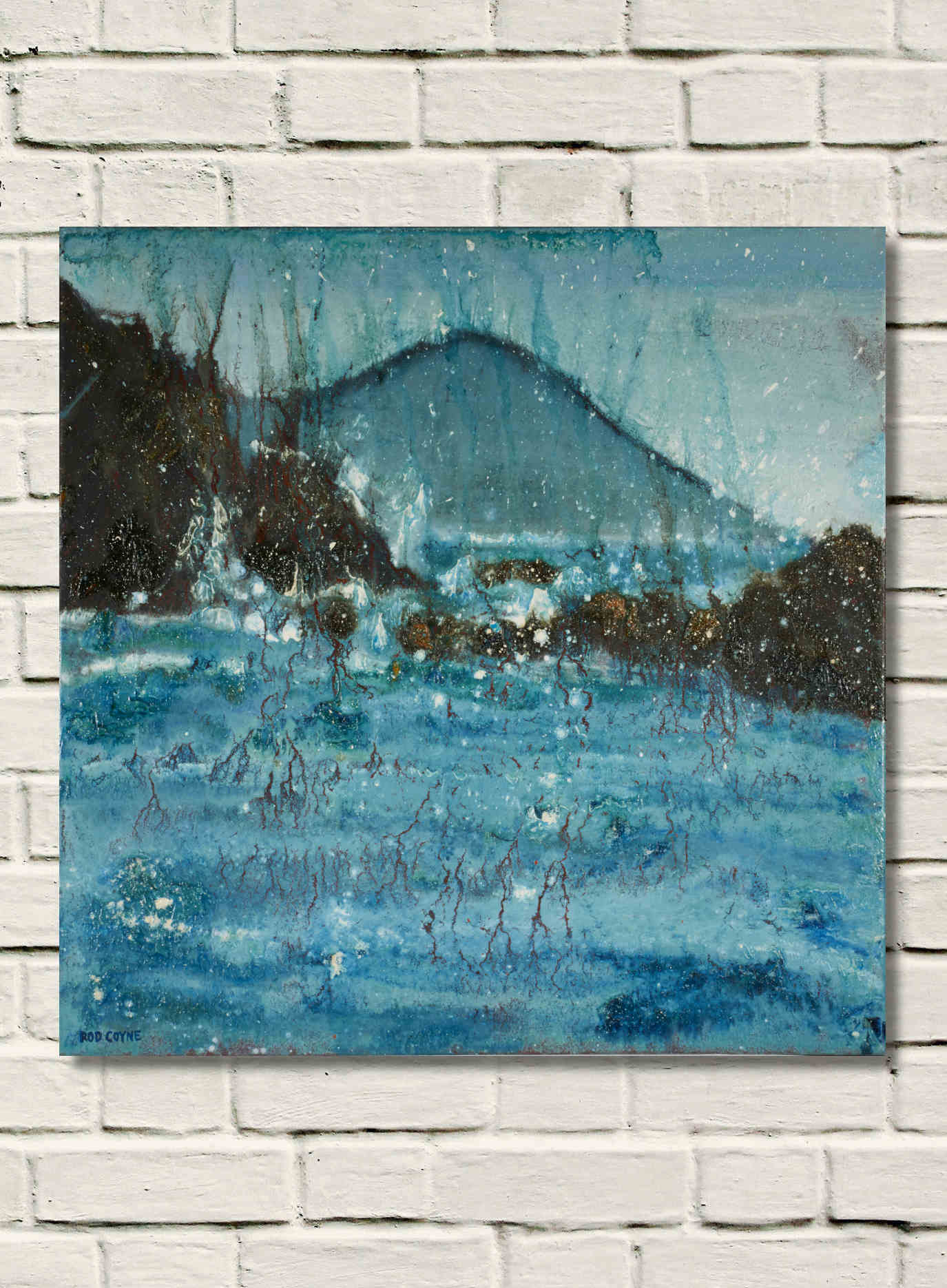 artist rod coyne's portrait "seaspray finan's bay" is shown here unframed on a white wall.