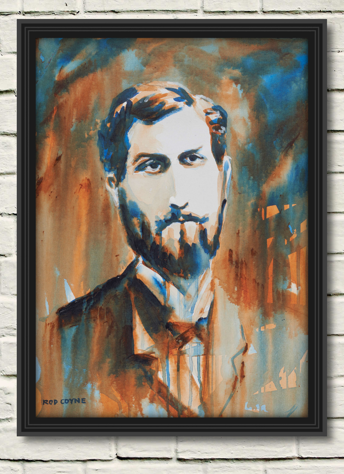 artist rod coyne's portrait "Roger Casement 1916" is shown here, in a black frame on a white wall.