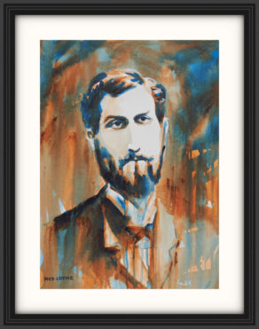 artist rod coyne's portrait "Roger Casement 1916" is shown here, on a white mount in a black frame.