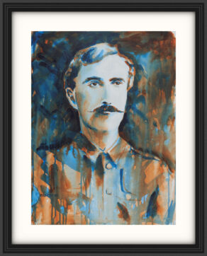 artist rod coyne's portrait "The O'Rahilly 1916" is shown here, on a white mount in a black frame.