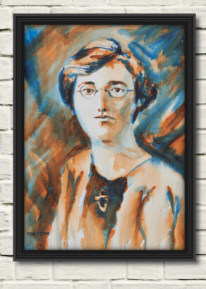 artist rod coyne's portrait "Kathleen Clarke 1916" is shown here, in a black frame on a white wall.