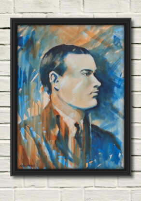 artist rod coyne's portrait "padraig pearse 1916" is shown here, in a black frame on a white wall.